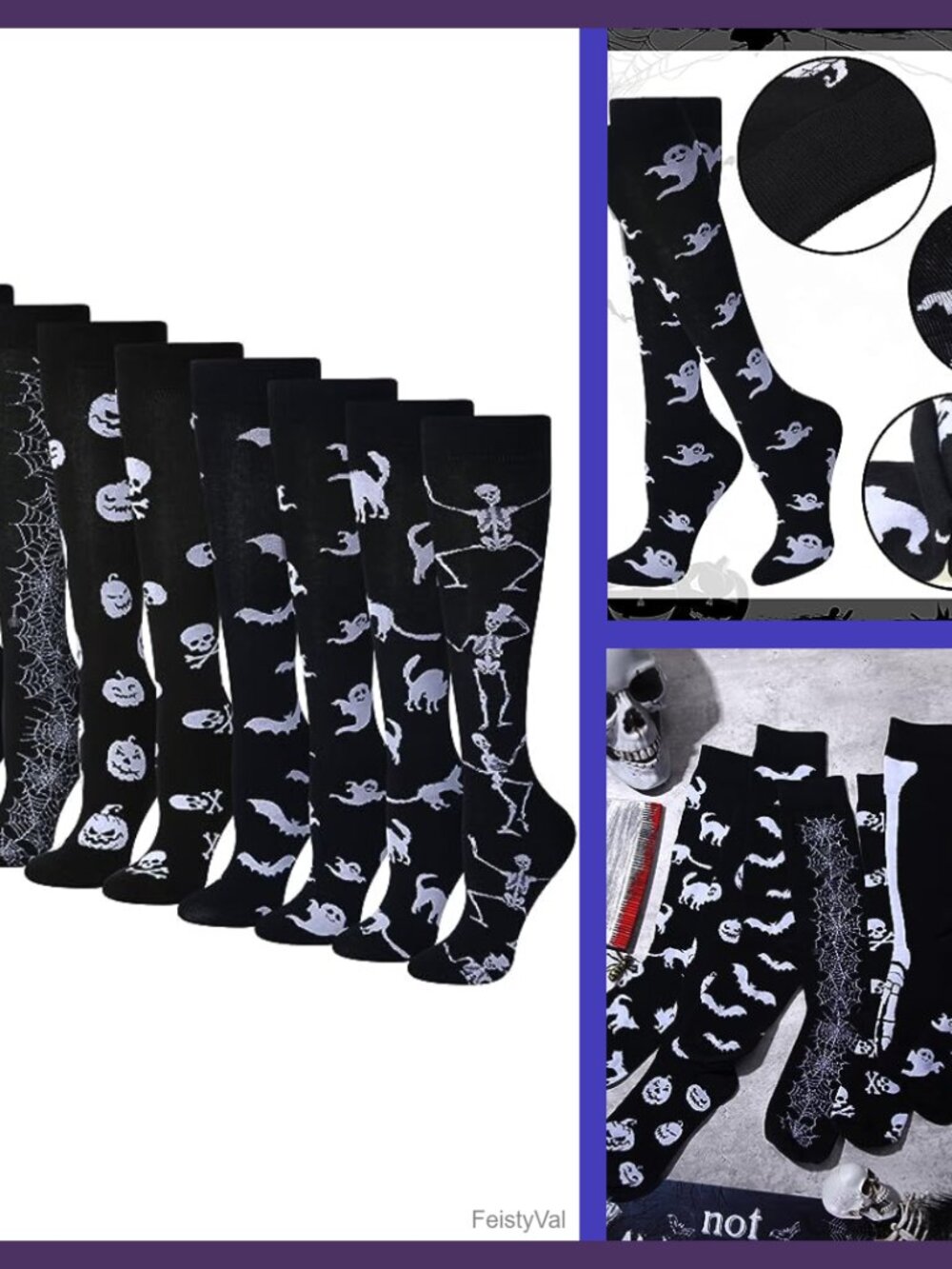 Halloween Knee High Socks 8 Pairs Cotton Blend Novelty Skull Bat Pumpkin